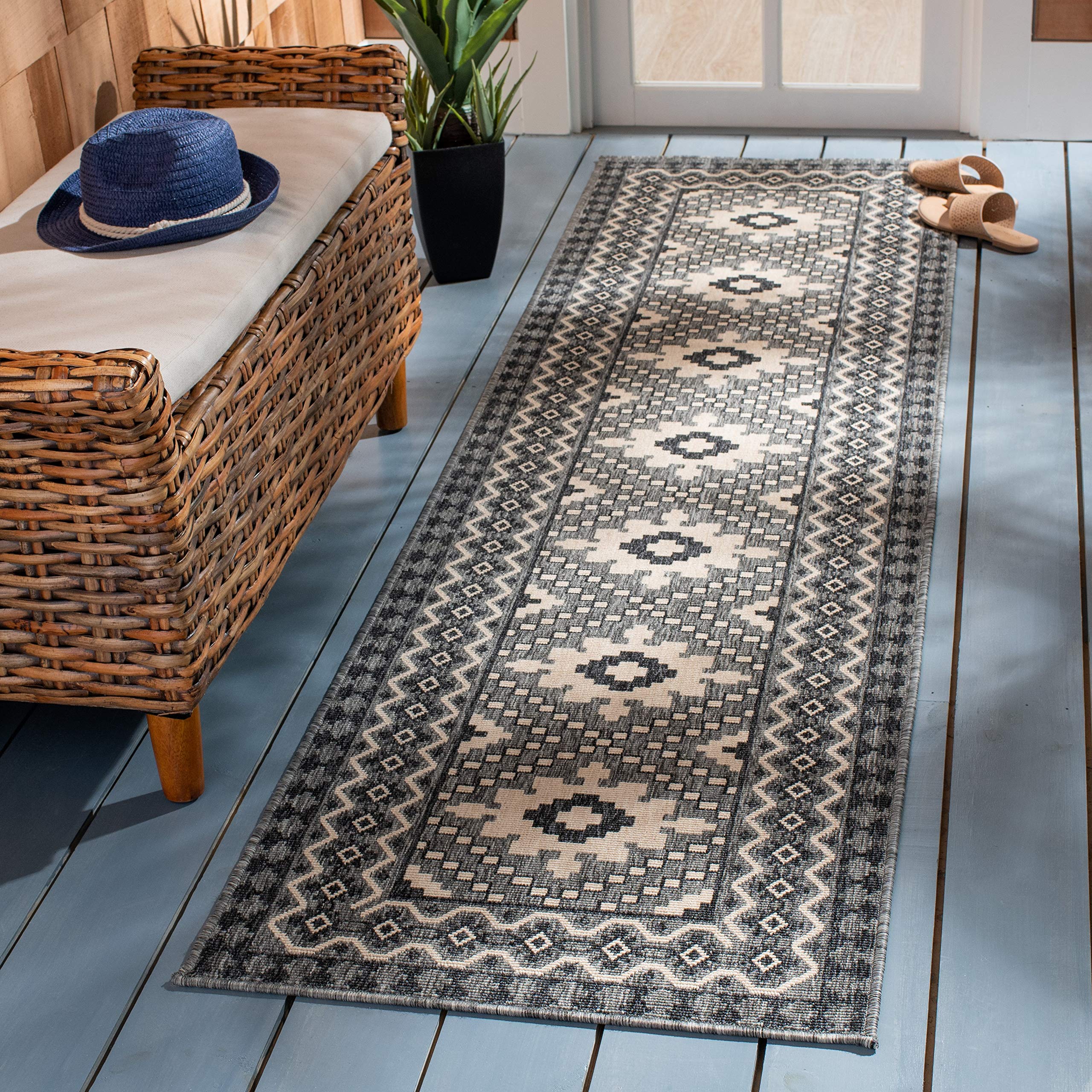 Safavieh Veranda Collection 2'3' X 8' Ivory/Charcoal Ver099 Boho Indoor/ Outdoor Non-Shedding Easy Scrubbing Patio Backyard Porc